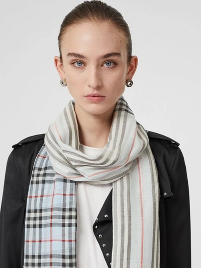 Shop Burberry Icon Stripe And Vintage Check Wool Silk Scarf In Pale Blue