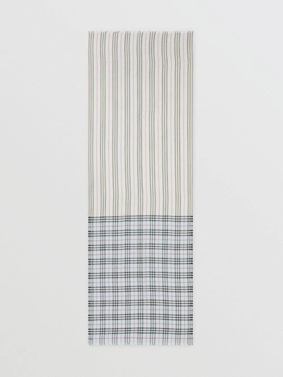 Shop Burberry Icon Stripe And Vintage Check Wool Silk Scarf In Pale Blue