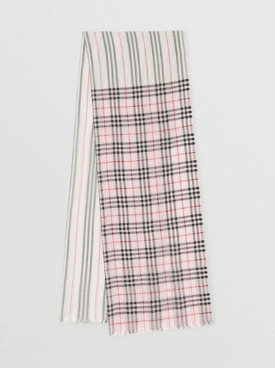 Shop Burberry Icon Stripe And Vintage Check Wool Silk Scarf In Alabaster Pink