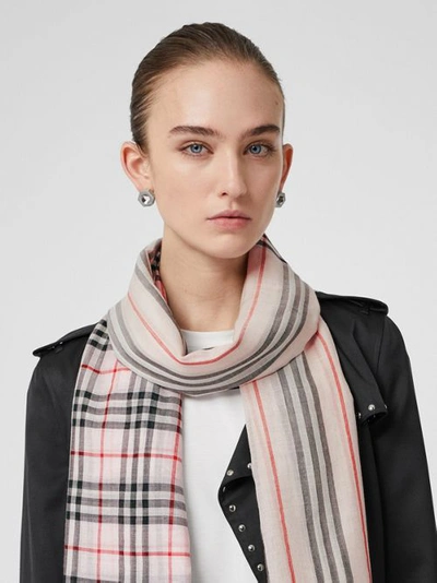 Shop Burberry Icon Stripe And Vintage Check Wool Silk Scarf In Alabaster Pink