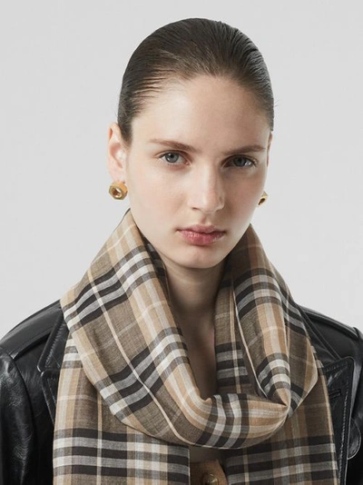 Shop Burberry Vintage Check Lightweight Wool Silk Scarf In Pale Honey