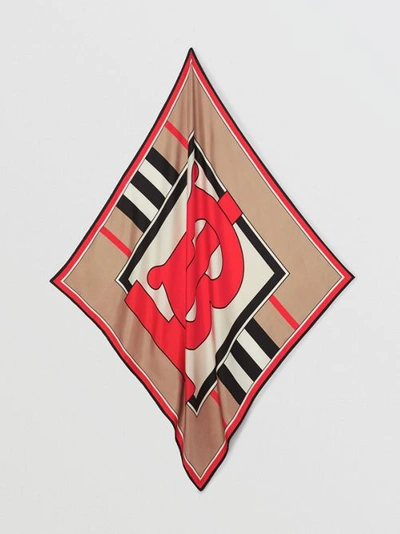 Shop Burberry Monogram And Icon Stripe Print Silk Square Scarf In Archive Beige