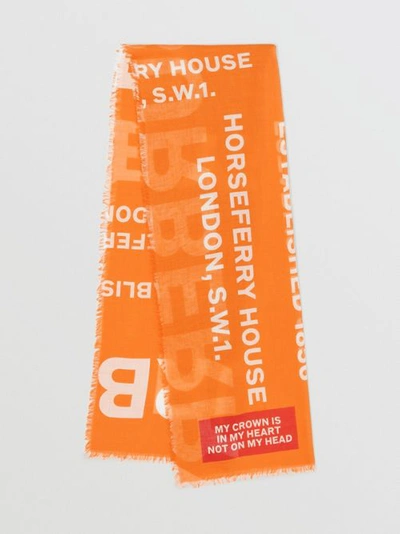Shop Burberry Horseferry Print Lightweight Wool Silk Scarf In Bright Orange