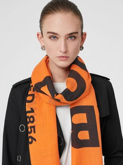 Shop Burberry Horseferry Print Lightweight Wool Silk Scarf In Bright Orange