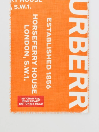 Shop Burberry Horseferry Print Lightweight Wool Silk Scarf In Bright Orange