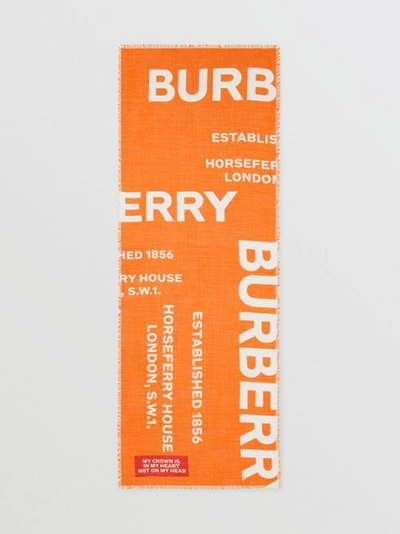 Shop Burberry Horseferry Print Lightweight Wool Silk Scarf In Bright Orange