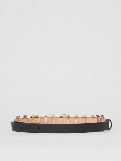 Shop Burberry Kingdom Motif Leather Belt In Black/light Gold