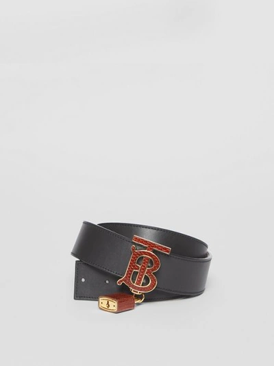 Shop Burberry Padlock Detail Monogram Motif Leather Belt In Black/tan