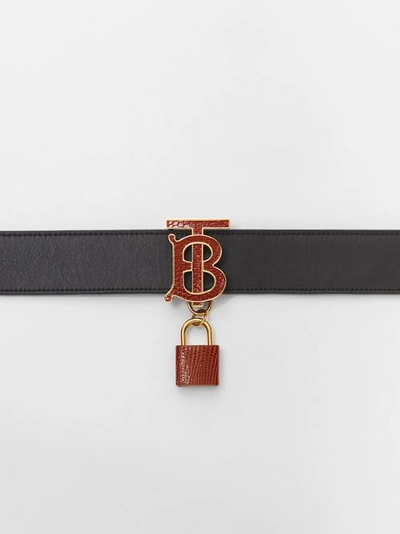 Shop Burberry Padlock Detail Monogram Motif Leather Belt In Black/tan