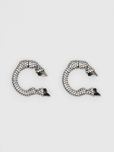 Shop Burberry Crystal Ruthenium-plated Hoof Open-hoop Earrings In Black Diamond/rutenio