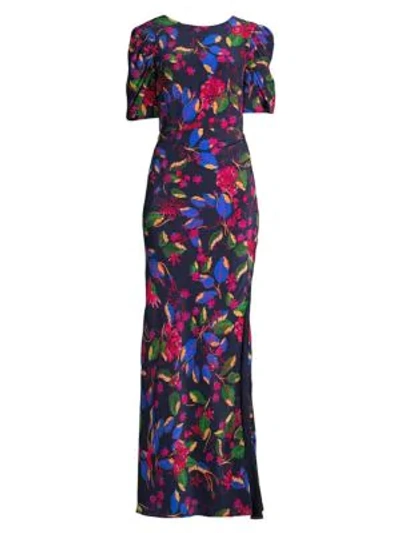 Shop Saloni Annie B Floral Silk Gown In Indigo Carlotta