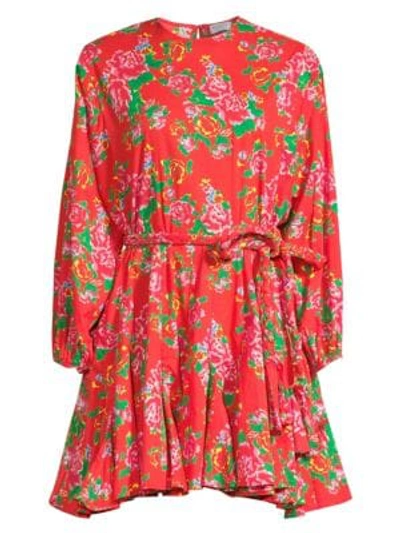 Shop Rhode Ella Belted Floral Cotton Dress In Red Dazzle