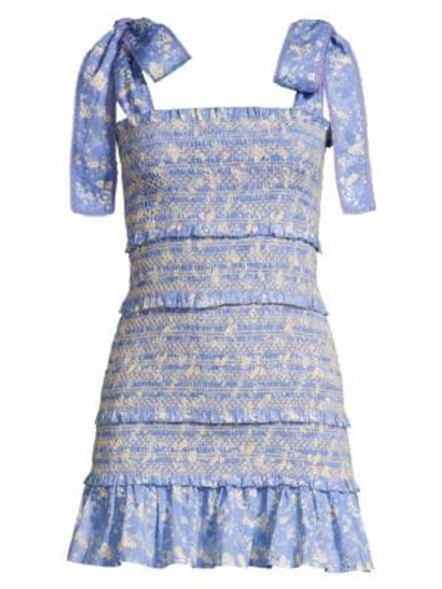 Shop Loveshackfancy Belle Smocked Cotton Mini Dress In Bluejay