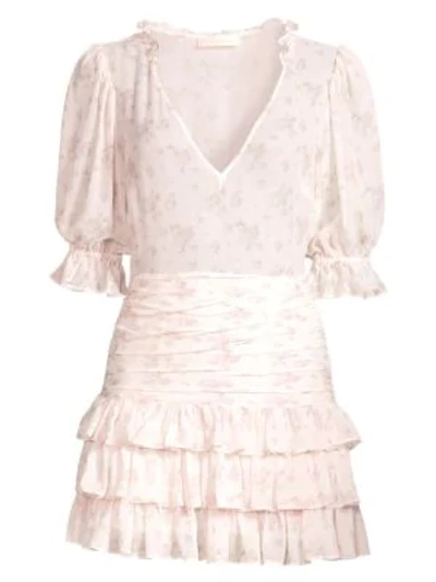 Shop Loveshackfancy Hannah V-neck Silk Ruffled Mini Dress In Charm