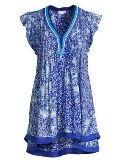 Shop Poupette St Barth Sasha Lace Detail Printed Dress In Blue Geo Batik