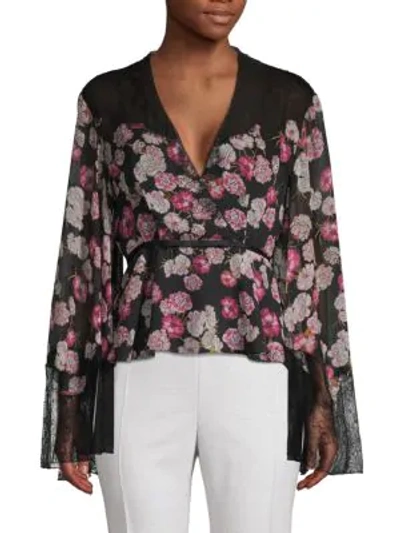 Shop Giambattista Valli Lace Trim Floral Wrap Blouse In Black