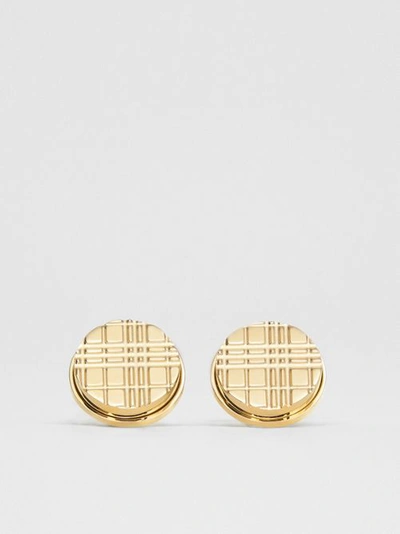 Shop Burberry Gold-plated Check-engraved Round Cufflinks In Light Gold