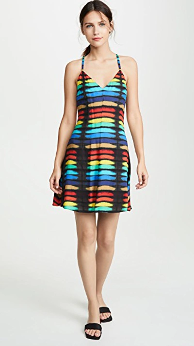 Shop Alice And Olivia Alves Cross Back Flare Dress In Rainbow Block Tie Dye
