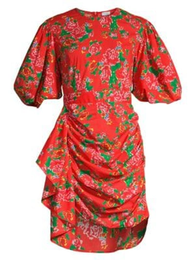 Shop Rhode Pia Floral Puff-sleeve Cotton Dress In Red Dazzle