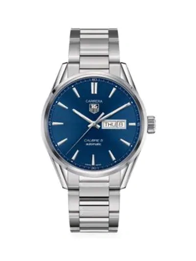 Shop Tag Heuer Carrera 41mm Stainless Steel Automatic Day-date Bracelet Watch In Blue