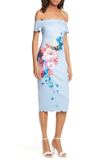Shop Ted Baker Raspberry Ripple Floral Scallop Off The Shoulder Dress In Light Blue
