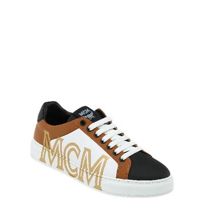 Shop Mcm Men's Low Top Sneakers In Logo Leather In Cognac