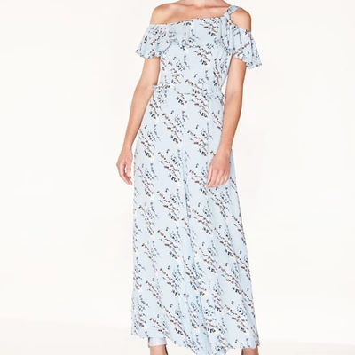 Shop Paisie Floral Jumpsuit With Knot Shoulder & Ruffle Overlay In Light Blue Floral