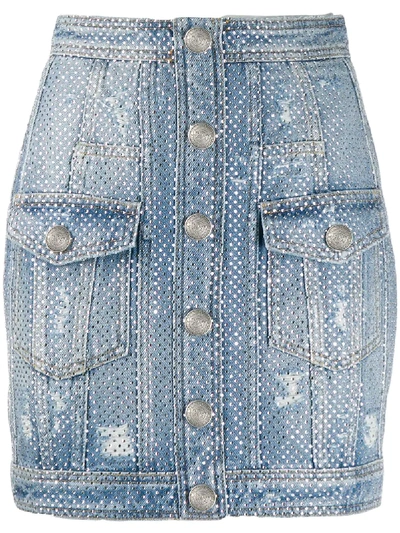 Shop Balmain Distressed Rhinestone Denim Skirt - Blue