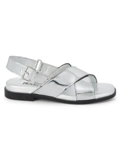 Shop Prada Women's Crisscross Metallic Leather Slingback Sandals In Silver