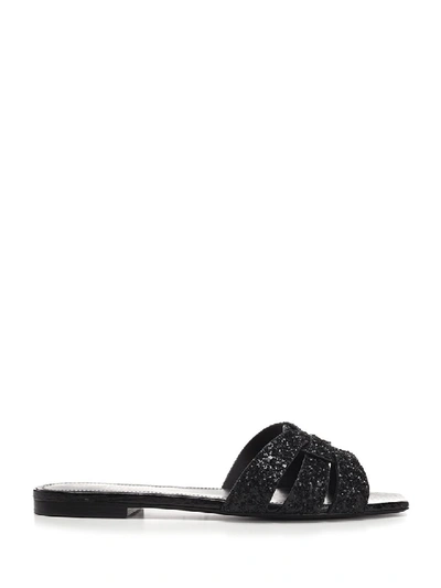 Shop Saint Laurent Tribute Glitter Sandals In Black