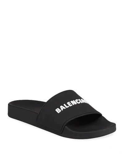 Shop Balenciaga Logo Rubber Pool Slides In Black/white