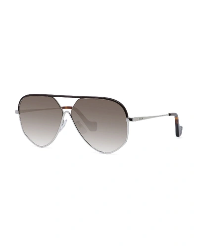 Shop Loewe Metal Aviator Sunglasses W/ Leather Brow In Rhodium/green