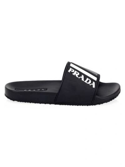 Shop Prada Logo Rubber Slides In Black White
