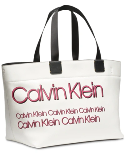 Shop Calvin Klein Tannya Extra-large Logo Tote In White Combo/silver