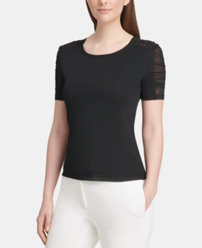 Shop Dkny Crewneck Mesh-trim Top In Black