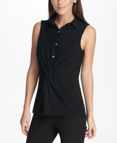 Shop Dkny Collared Knot-front Top In Black