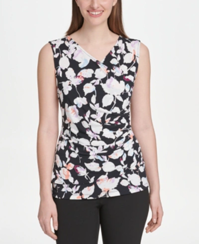 Shop Dkny Printed Ruched-side Top In Black Multi
