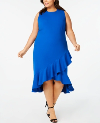 Shop Calvin Klein Plus Size Ruffled High-low Midi Dress In Capri Blue