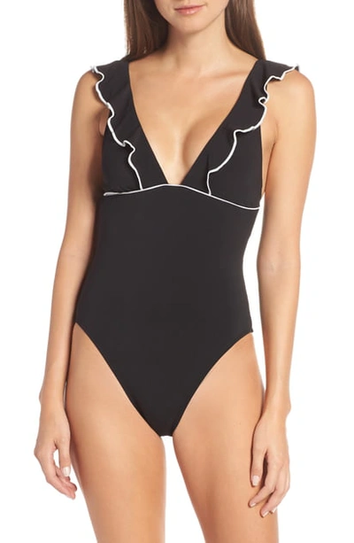 Shop Robin Piccone Malia Ruffle One-piece Swimsuit In Black/ White