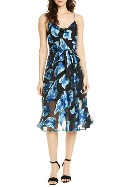 Shop Alice And Olivia Nan Floral Drape Detail Midi Dress In Paradise Leaves Blk/ Blue