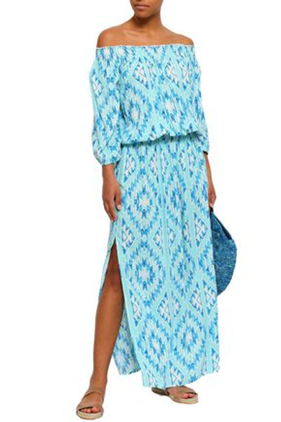 Shop Melissa Odabash Woman Off-the-shoulder Printed Voile Maxi Dress Turquoise