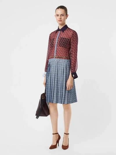 Shop Burberry Monogram Print Silk Chiffon Pleated Shirt Dress In Oxblood
