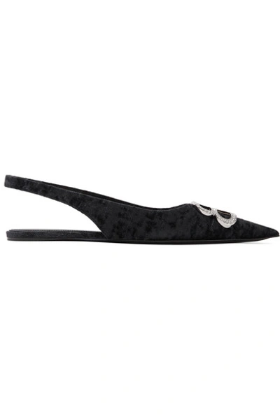 Shop Balenciaga Knife Logo-embellished Crushed-velvet Point-toe Flats In Black