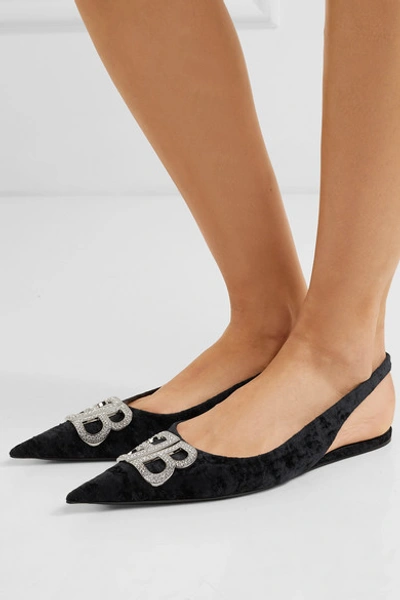 Shop Balenciaga Knife Logo-embellished Crushed-velvet Point-toe Flats In Black