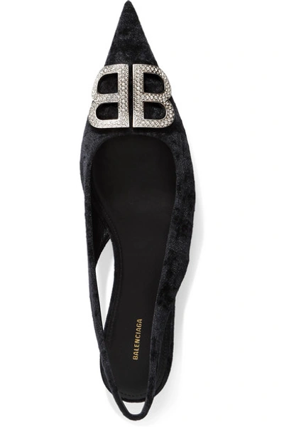 Shop Balenciaga Knife Logo-embellished Crushed-velvet Point-toe Flats In Black