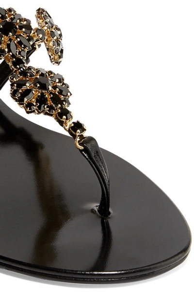 Shop Musa Four Flower Crystal-embellished Leather Slingback Sandals In Black