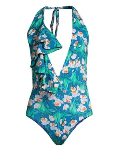 Shop Patbo Floral Ruffle Deep-v One-piece Swimsuit In Blue