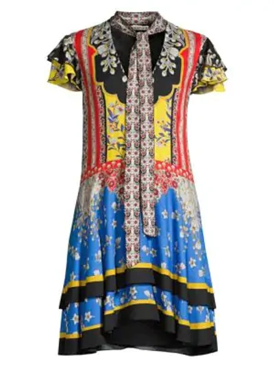 Shop Alice And Olivia Moore Floral Flutter-sleeve Tieneck Shift Dress In Palace Daffodil