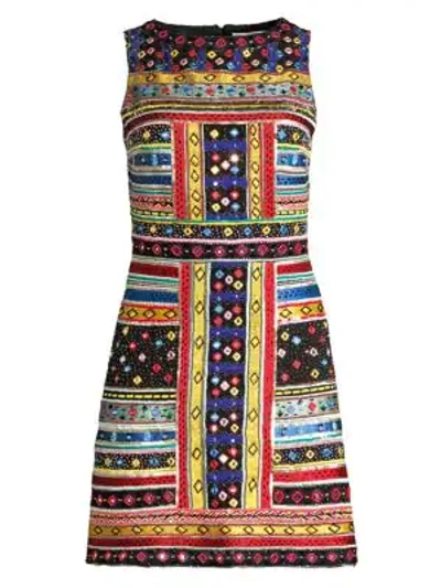 Shop Alice And Olivia Natalie Jacquard Embroidered Sleeveless A-line Dress In Black Multi