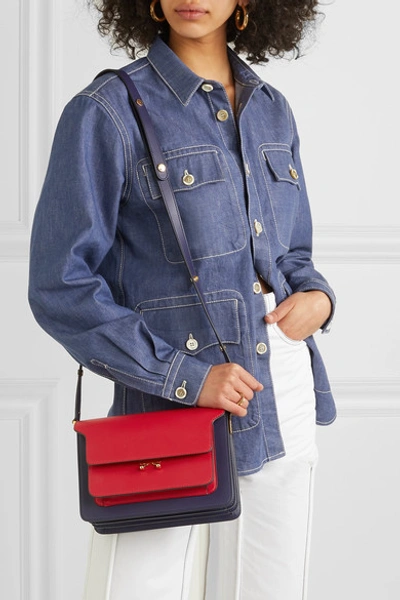 Shop Marni Trunk Small Color-block Leather Shoulder Bag In Red
